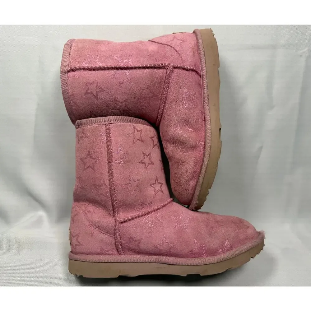 UGG Classic II Pink Star Print Sheepskin Boots Girls US 4 EU 36 Youth